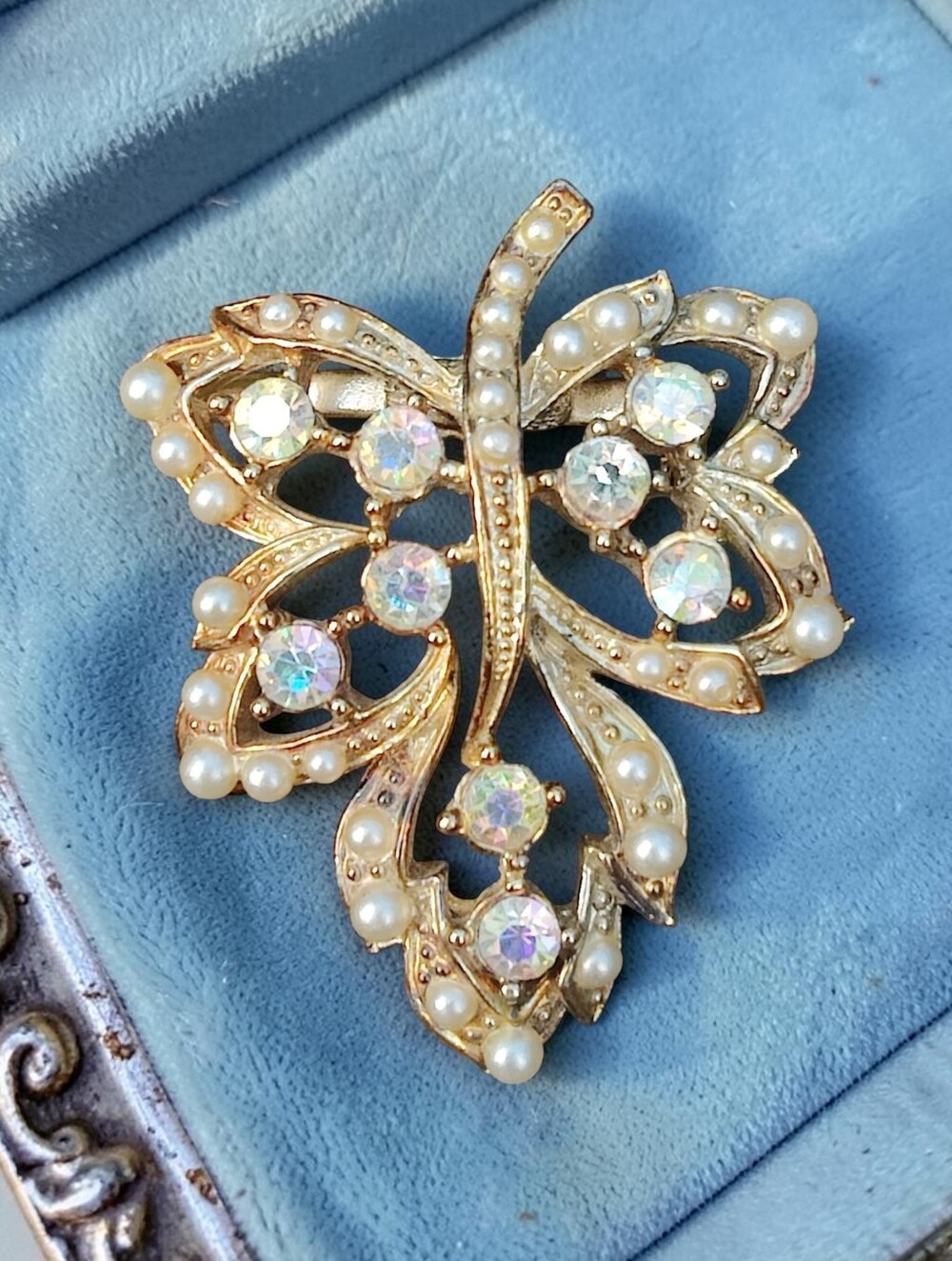 Vintage Coro Pegasus Crystal Leaf Brooch
